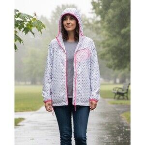 Womens Polka Dot Rain Jacket XL Hooded Pink Zip Athletic Collection Coat